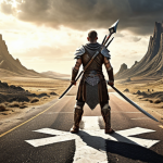 **A determined warrior standing at a crossroads, symbolizing a class change decision, with paths diverging into different landscapes representing new class possibilities. Fantasy art style.**