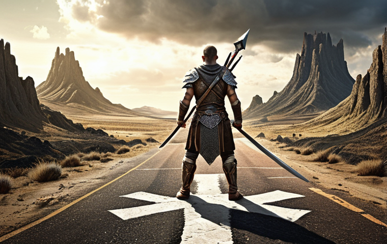 **A determined warrior standing at a crossroads, symbolizing a class change decision, with paths diverging into different landscapes representing new class possibilities. Fantasy art style.**